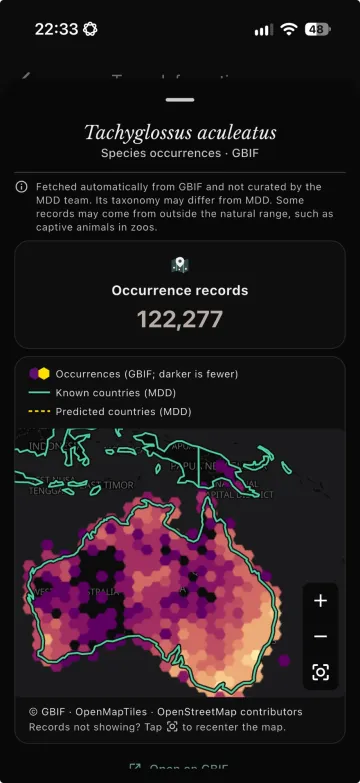MDD app GBIF occurrence hexbin map for the short-beaked echidna with MDD country outlines