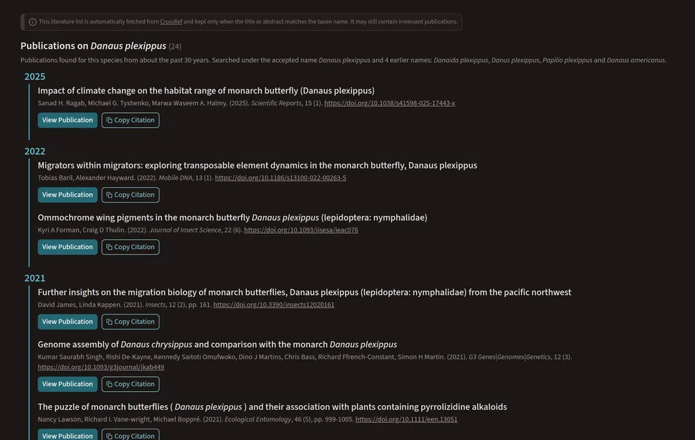 Literature section listing publications on Danaus plexippus by year