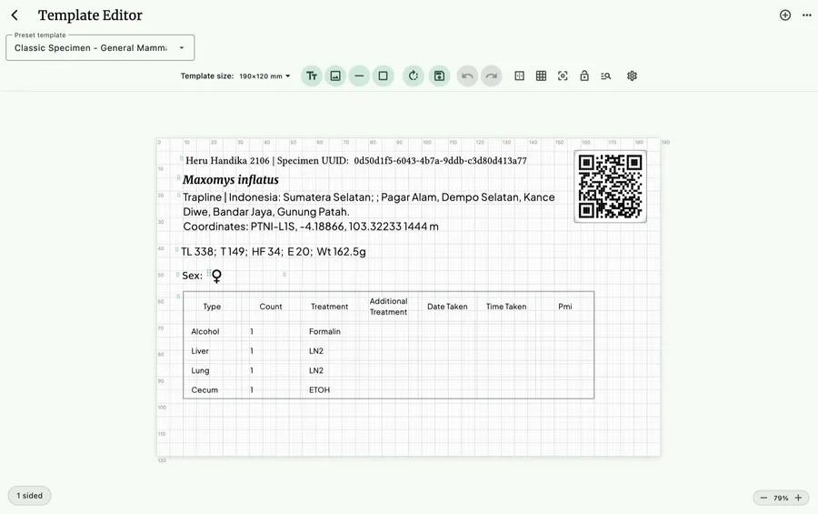 NAHPU label template editor on macOS showing a specimen label with a QR code