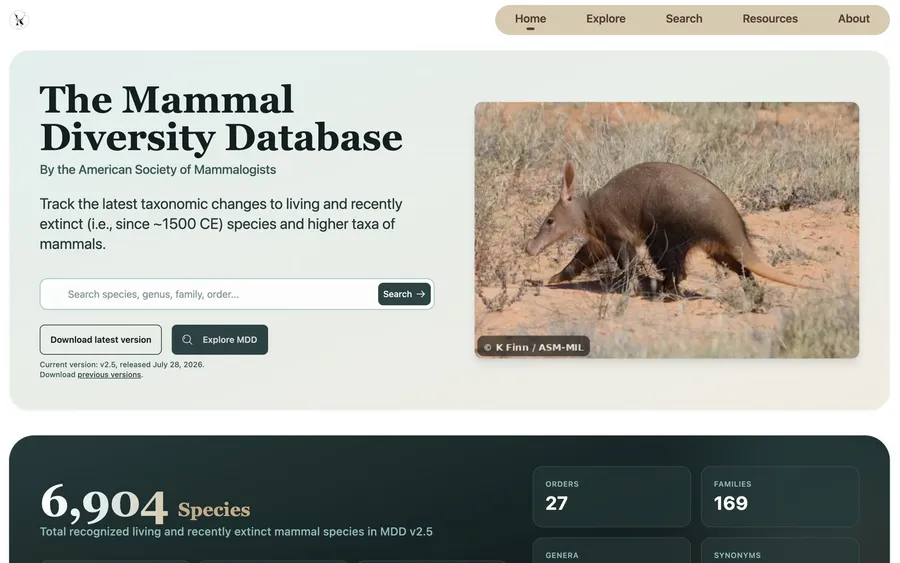 Mammal Diversity Database home page with species search and summary counts