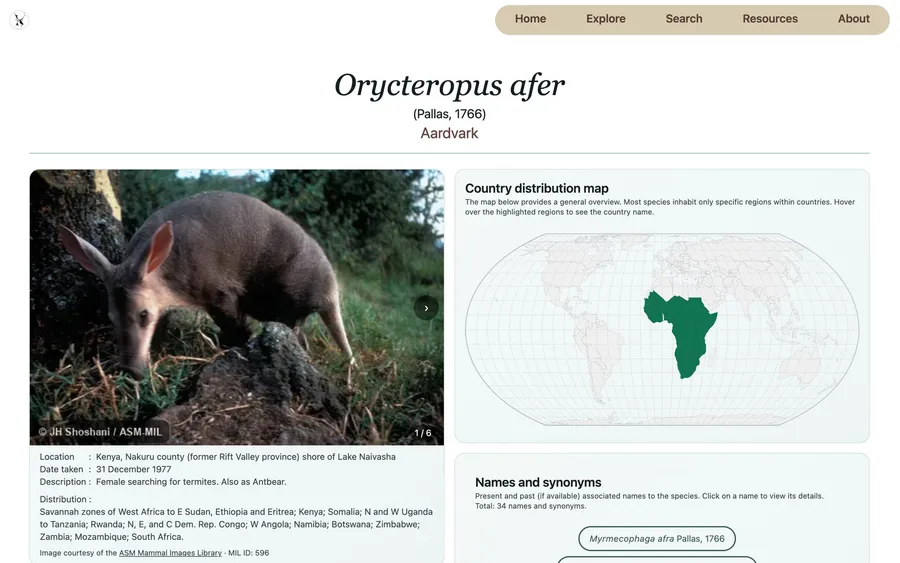 Mammal Diversity Database species page for the aardvark, Orycteropus afer, with photo and country distribution map