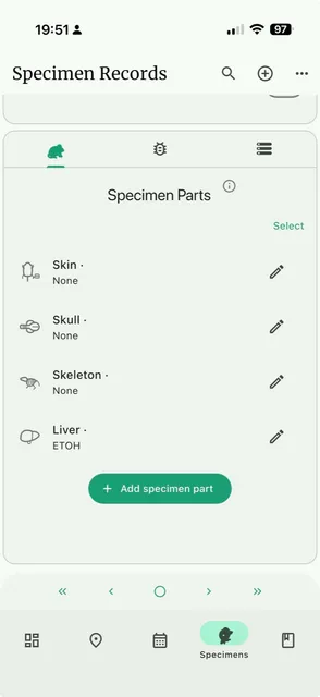 Specimen part records in NAHPU