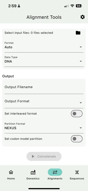 SEGUL iPhone app, Alignment Tools screen with input, output format, and partition options for concatenation