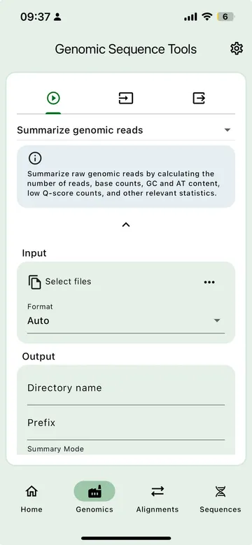SEGUL iPhone app, Genomic Sequence Tools screen set up to summarize raw genomic reads