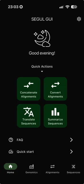 SEGUI home screen on iPhone in dark mode