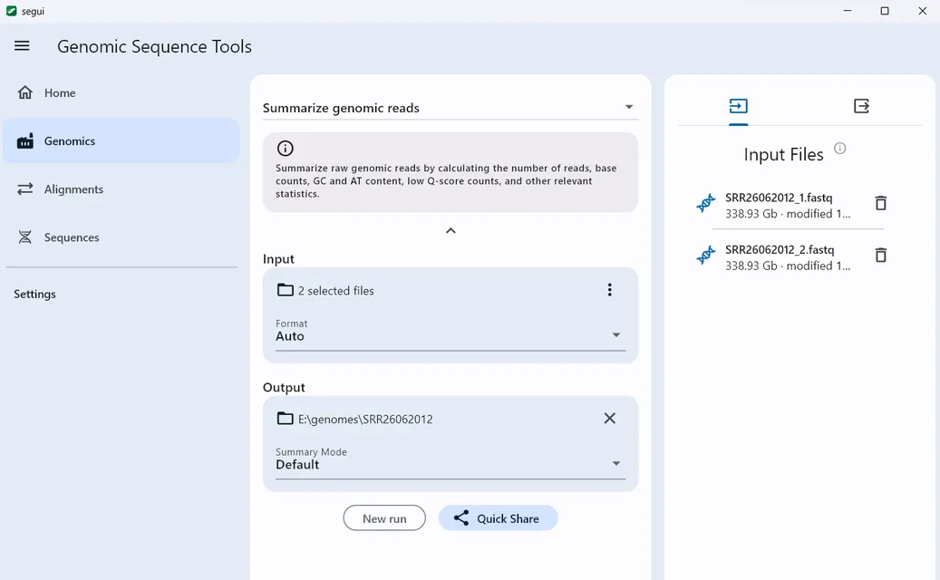 SEGUI on Windows summarizing genomic reads