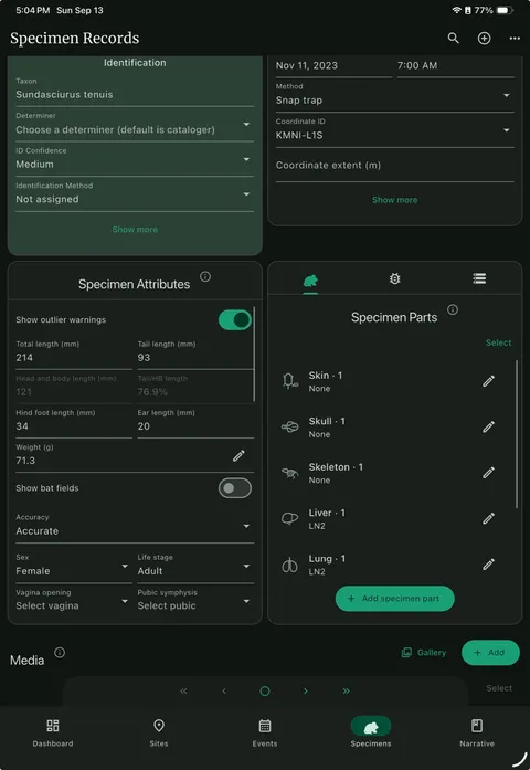 NAHPU specimen record on iPad in dark mode with measurements and specimen parts