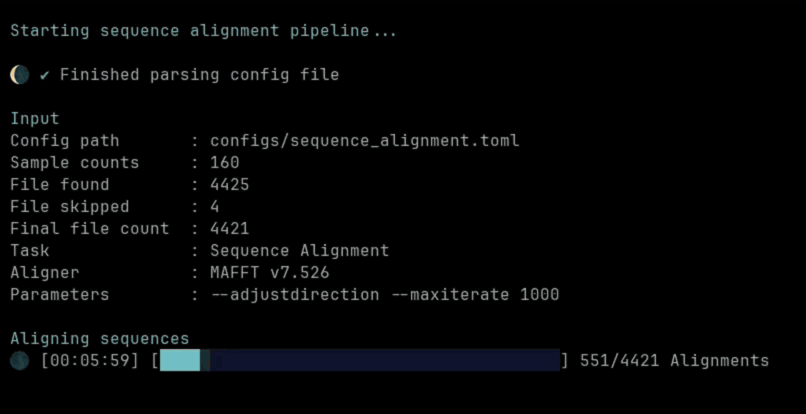 ULLAR running a MAFFT sequence alignment pipeline on 4,421 loci in the terminal
